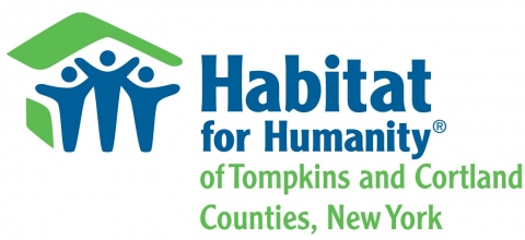 Habitat for Humanity Logo- Three people standing inside a house