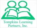 Outlines of two people sitting side by side reading a book. Underneath it says Tompkins Learning Partners, Inc. It is all in green.