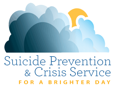 A sun breaks out from behind dark clouds with the words "Suicide Prevention & Crisis Services For A Brighter Day" written underneath