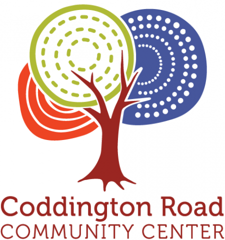 The words Coddington Road Community Center are written in red. Above them sits a cartoon tree with three circles that represent leaves. The circles are red, green, and blue and look like lollipops.