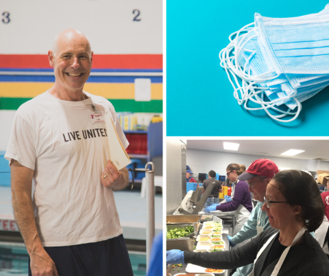 A photo collage of 3 photos. Photo 1 shows a YMCA staff member smiling at the camera carrying a clipboard. He is wearing a LIVE UNITED t-shirt and walking on the deck of a swimming pool. Photo two shows a pile of disposable face masks against a blue background. Photo three shows a line of 5+ volunteer wearing hats and hairnets preparing food in an industrial kitchen. 